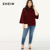 SHEIN Plus Size Black Stand Collar Pearl Beaded Long Flare Sleeve Stand Collar Women Casual Autumn Solid Top Blouses