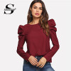 Sheinside Burgundy Ladies Work Top Solid Women Long Sleeve Round Neck Elegant Blouse Autumn Casual Womens Tops And Blouses