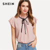 SHEIN Bow Tied Frilled Neck Button Back Blouse 2018 Summer Stand Collar Cap Sleeve Ruffle Youthful Shirt Girl Preppy Blouse