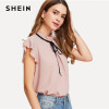 SHEIN Bow Tied Frilled Neck Button Back Blouse 2018 Summer Stand Collar Cap Sleeve Ruffle Youthful Shirt Girl Preppy Blouse