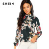 SHEIN Green Elegant Office Lady Floral Print Mock Stand Collar Long Sleeve Blouse Autumn Highstreet Women Tops And Blouses 