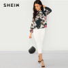 SHEIN Green Elegant Office Lady Floral Print Mock Stand Collar Long Sleeve Blouse Autumn Highstreet Women Tops And Blouses 