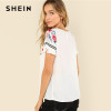 SHEIN Multicolor Weekend Casual Flower Print Striped Trim Round Neck Flounce Sleeve Blouse Summer Women Going Out Shirt Top