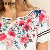 SHEIN Multicolor Weekend Casual Flower Print Striped Trim Round Neck Flounce Sleeve Blouse Summer Women Going Out Shirt Top