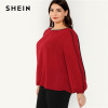 SHEIN Burgundy Plus Size Contrast Binding Lantern Long Sleeve Women Blouse 2018 Elegant Office Lady O Neck Solid Top Blouse