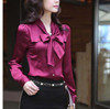 2018 Spring Long Sleeve V Neck Bow Tie Satin Shirts Women Office Work Wear OL Satin Blouses Lady Bow Tie Chiffon Satin Tops