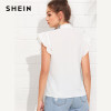 SHEIN White Elegant Workwear Flounce Shoulder Tied Neck Stand Collar Ruffle Blouse Summer Women Weekend Casual Shirt Top