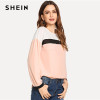 SHEIN Pink Preppy Elegant Keyhole Back Color Block Long Sleeve Pullovers Casual Blouse 2018 Autumn Campus Women Tops And Blouses