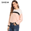 SHEIN Pink Preppy Elegant Keyhole Back Color Block Long Sleeve Pullovers Casual Blouse 2018 Autumn Campus Women Tops And Blouses