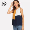 Sheinside Sleeveless Colorblock Top Office Ladies Work Cut and Sew Autumn Tops for Women 2018 Multicolor Casual Blouse