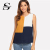 Sheinside Sleeveless Colorblock Top Office Ladies Work Cut and Sew Autumn Tops for Women 2018 Multicolor Casual Blouse