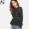 Sheinside Black Plaid Grid Peplum Ruffle Blouse Round Neck Long Sleeve Fall Top Women Elegant Office Ladies Work Wear Blouse