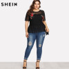 SHEIN Plus Size Summer Black Blouse Women Sexy Floral Round Neck Short Sleeve Embroidered Rose Applique Ruffle Mesh Slim Top
