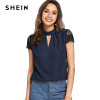 SHEIN Navy Elegant Workwear V Cut Neck Contrast Lace Sleeve Stand Collar Pleated Blouse Summer Women Weekend Casual Shirt Top