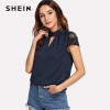 SHEIN Navy Elegant Workwear V Cut Neck Contrast Lace Sleeve Stand Collar Pleated Blouse Summer Women Weekend Casual Shirt Top