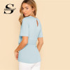 Sheinside Self Belt Keyhole Back Shirt Short Sleeve Plain Womens Tops and Blouses Summer Ladies Workwear Elegant Blouse