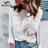 BEFORW Sexy Transparent Blouses Shirt Fashion Polka Dot White Tops And Blouse Ruffles Butterfly Sleeve Shirts Women Clothes