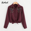 ROMWE Womens Tops and Blouses Burgundy Crop Tops Ladies Blouses 2018 Embroidery Knotted Hem Shirt Female Floral Shirts Blouse