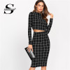 Sheinside Stand Collar Long Sleeve 2 Piece Set Women Crop Grid Top &amp; Pencil Skirt Co-Ord Ladies Elegant OL Style Twopiece