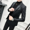 Solid Black Slim Fit Blazer Hombre PU Leather Jacket Men One Button Business Casual Prom Blazers For Men Korean Suit Coat  