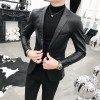 Solid Black Slim Fit Blazer Hombre PU Leather Jacket Men One Button Business Casual Prom Blazers For Men Korean Suit Coat  