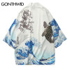 GONTHWID Japanese Crane Printed Kimono Cardigan Jackets 2018 Mens Japan Style 3/4 Sleeve Casual Streetwear Coats Fashion Outwear