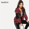 SweatyRocks Burgundy Athleisure Mesh Insert Drawstring Hooded Windbreaker Jacket 2018 Women Autumn Casual Overcoat And Tops