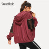 SweatyRocks Burgundy Athleisure Mesh Insert Drawstring Hooded Windbreaker Jacket 2018 Women Autumn Casual Overcoat And Tops