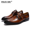 FELIX CHU European Style Handmade Genuine Leather Men Brown Monk Strap Formal Shoes Office Business Wedding Dress Loafer Shoes