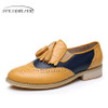 100% Genuine cow leather brogue casual designer vintage lady flats shoes handmade yellow beige oxford shoes for women with fur