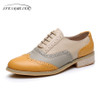 100% Genuine cow leather brogue casual designer vintage lady flats shoes handmade yellow beige oxford shoes for women with fur