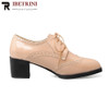 RIBETRINI Plus Size 32-47 Women British Oxfords Patent PU Leather Brogue Shoes Woman Lace Up Heels Square Toe Loafer Footwear