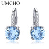 UMCHO Real 925 Sterling Silver Clip Earrings For Women Gemstone Sky Blue Topaz Female Earrings Round Wedding Gift Fine Jewelry