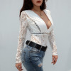 Sweetown Long Sleeve Lace Bodysuit Elegant Shirt Women White Spring Summer 2019 Body Mujer Sexy Transparent Deep V Neck Bodysuit