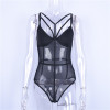 Hugcitar spaghetti straps V-neck mesh patchwork see-throgh sexy bodycon bodysuit 2018 women fashion sleepwear body