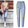 New Fashion Jeans Women's Clothing 3D Floral Embroidery Denim Pants High Waist Straight Vintage Ripped Ladies Slim Jean Trousers