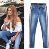 Patchwork Skinny Jeans With Stripes Denim Jeans For Women Denim Trouser Stretch Pencil Pants Blue Side Striped Jeans Women