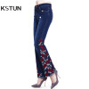 Woman Jeans Bell Bottom Jeans Embroidered High Stretch Womens Flared Pants Denim Ladies Flowers Embroidery Jeans Mujer Femme 36