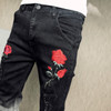 New Arrival Men's Rose Embroidered Slim Jeans Patchwork Fashion Hole Hit Color Jeans Pencil Pants
