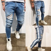 New Ripped Holes Men Jeans Side Striped Blue Jans Men Zipper Hip Hop Jeans Skinny Biker Jeans