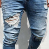 New Ripped Holes Men Jeans Side Striped Blue Jans Men Zipper Hip Hop Jeans Skinny Biker Jeans