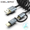 USB Charger USB Type C &amp; Micro USB Spring Coiled Cable 2-IN-1 USB-C Retractable Extension Charger Cable for Samsung Mobile Phone