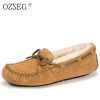 Green Genuine leather Female winter warm with lined real wool fur Moccasins Flats soft Comfortable shoe Loafers women fuzzy Boat