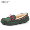Green Genuine leather Female winter warm with lined real wool fur Moccasins Flats soft Comfortable shoe Loafers women fuzzy Boat