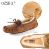 Green Genuine leather Female winter warm with lined real wool fur Moccasins Flats soft Comfortable shoe Loafers women fuzzy Boat