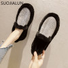 SUOJIALUN Warm Women Flats Shoes 2018 Winter Snow Fur Loafers Fashion Bling Crystal Slip On Comfort Casual Flat Woman Loafers