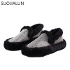 SUOJIALUN Warm Women Flats Shoes 2018 Winter Snow Fur Loafers Fashion Bling Crystal Slip On Comfort Casual Flat Woman Loafers