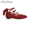Meotina Women Shoes Ladies Flat Shoes Pointed Toe Ballerina Flats Gladiator Shoes Cutout Lace Up Footwear Red Big Size 10 42 43