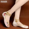Veowalk Winter Women's Warm Fleece Canvas Ballet Flats Handmade Chinese Antiquity Painting High Top Ladies Ankle Strap Shoes
