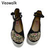 Veowalk High End Floral Embroidered Women Canvas Flat Platforms Mid Top Ankle Strap Chinese Style Ladies Casual Denim Shoes